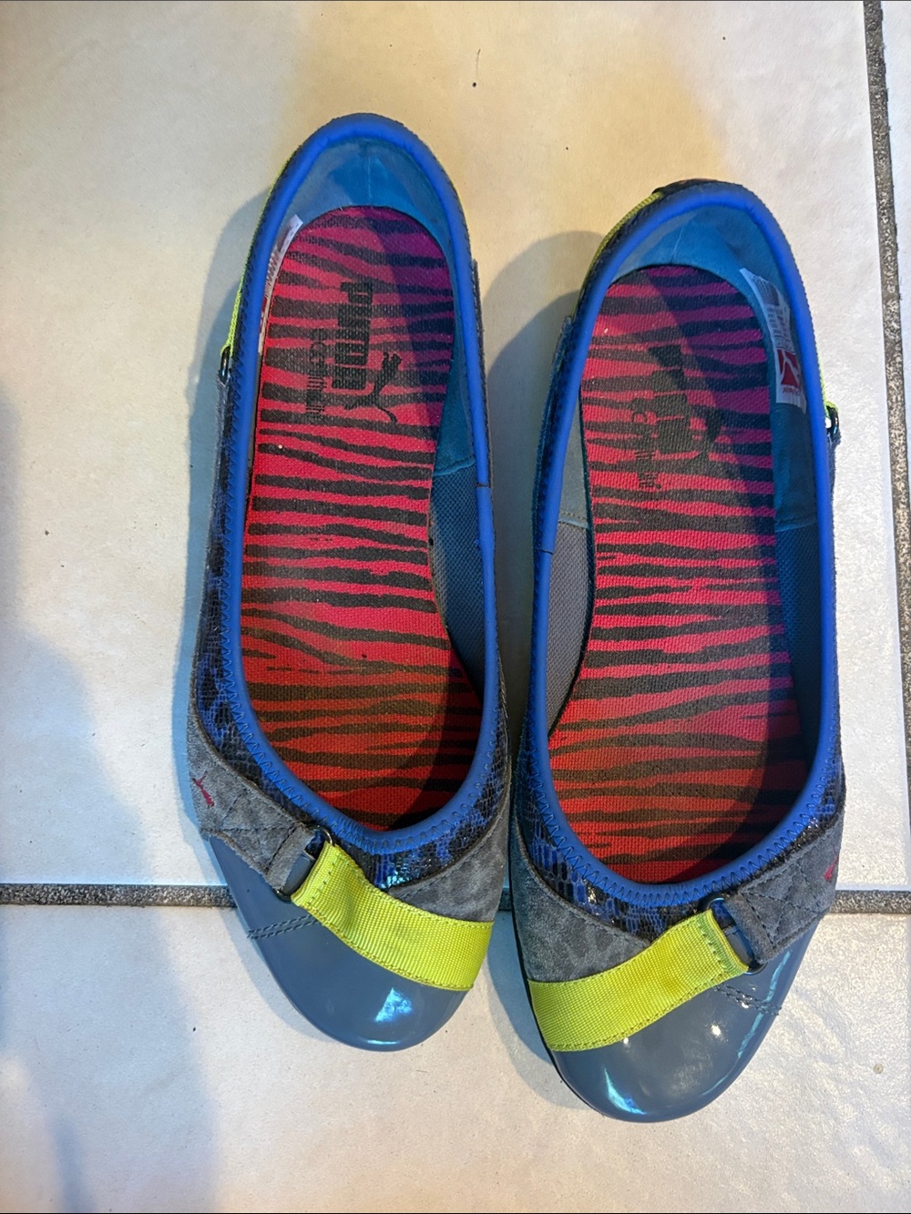 Puma Blue, Gray & Neon Green Slip-On Ballet Flats with Pink Zebra Insole
